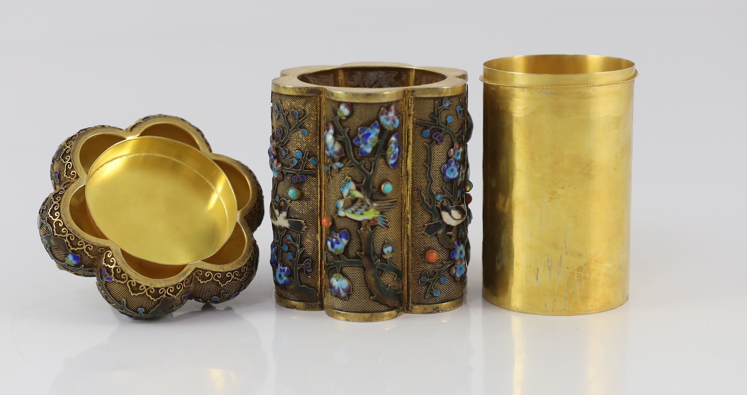 A Chinese silver gilt and enamel jar and cover, mid 20th century